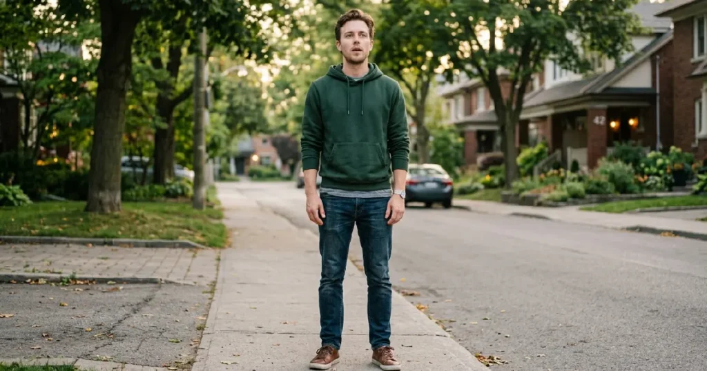 White man exhaling on street
