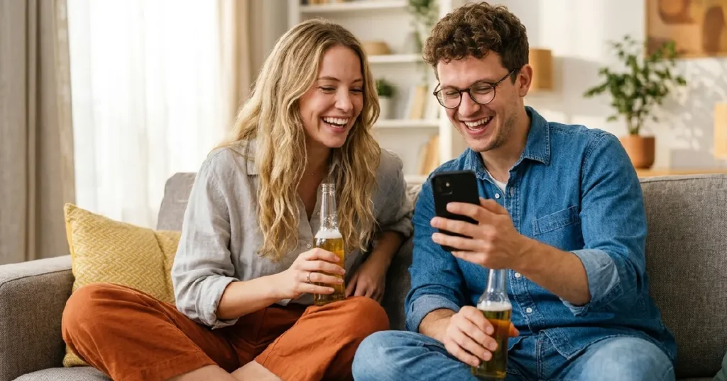 Woman and man laughing smartphone