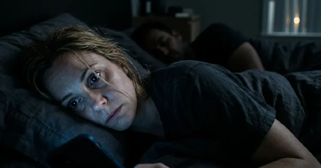 Woman awake in bed