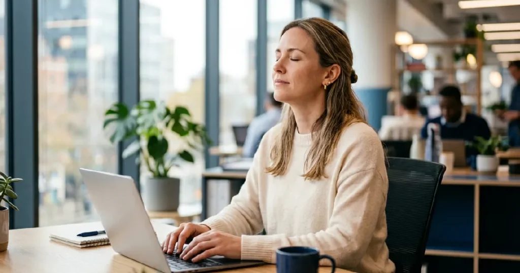 Woman breathing at office desk
