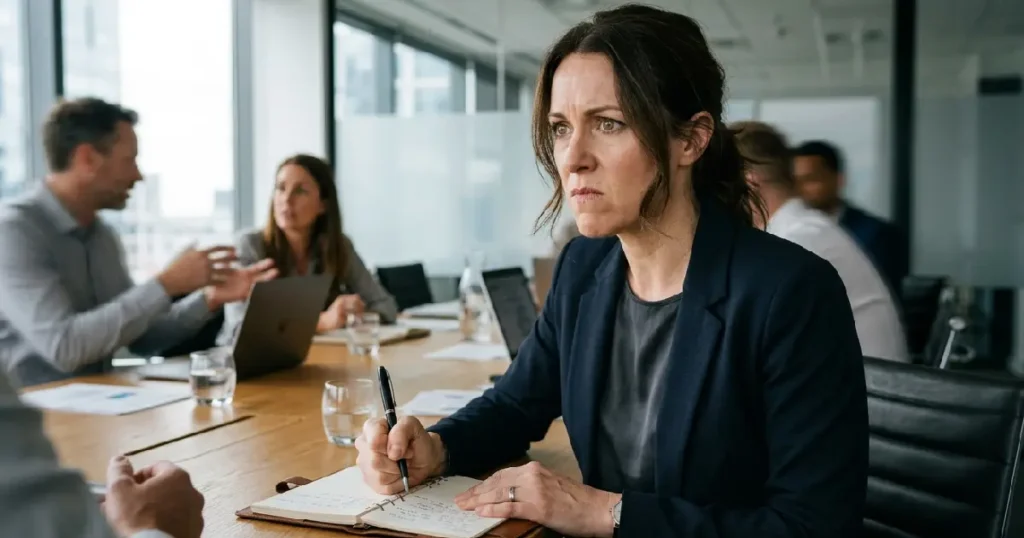 Woman gripping pen in office