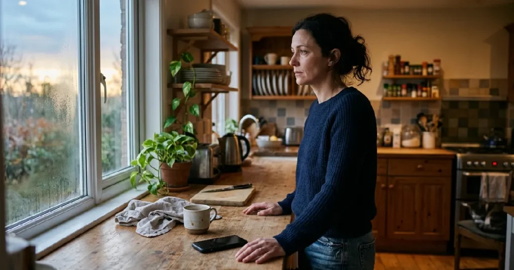 Woman in kitchen before sunrise