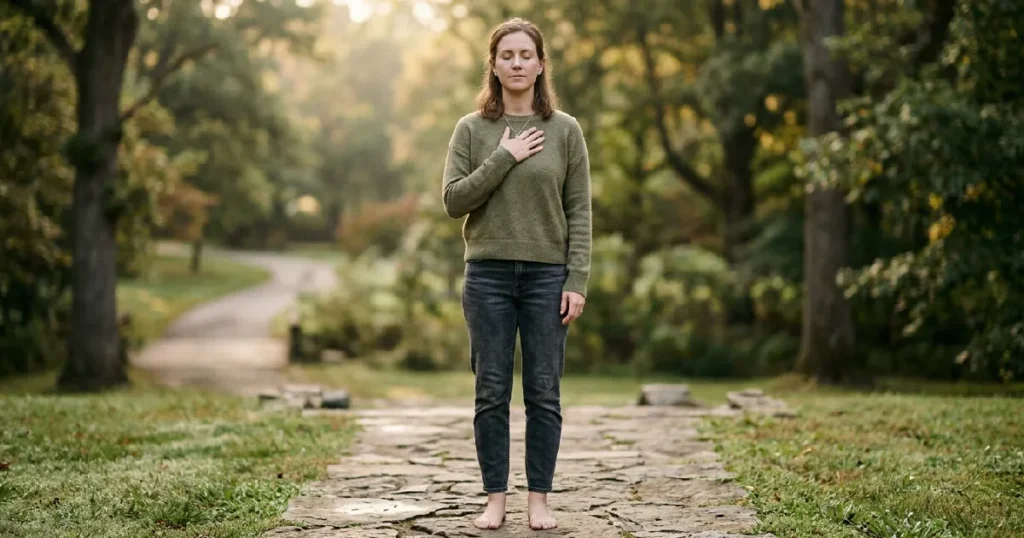 Woman in park eyes closed