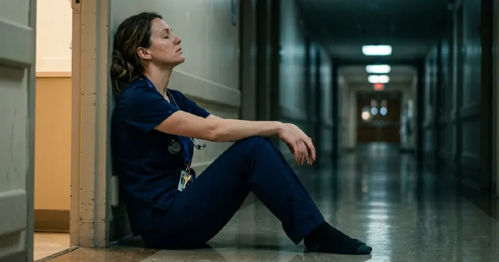 Woman in scrubs sits hospital