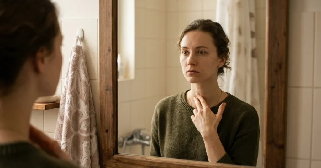Woman looking at reflection in mirror