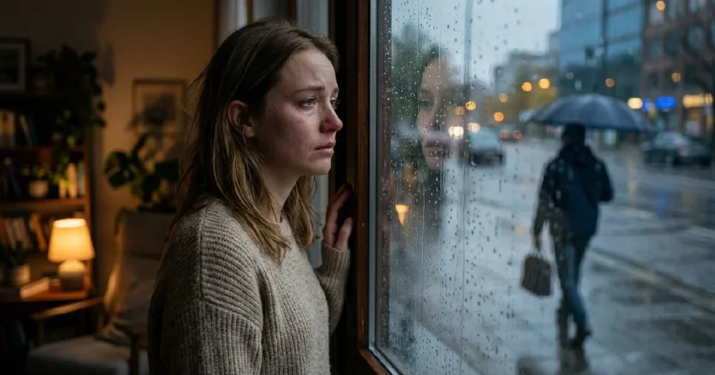 Woman looking through window