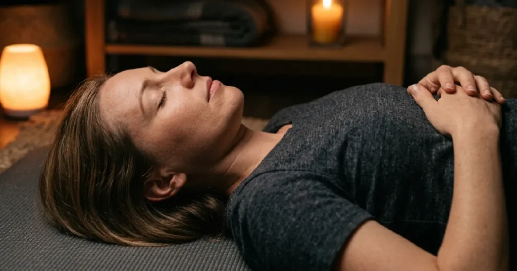 Woman meditating on yoga mat