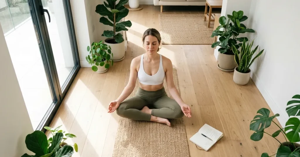 Woman sitting cross-legged yoga mat