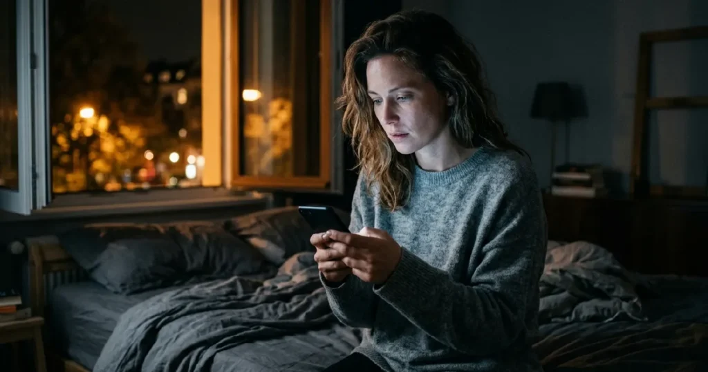 Woman sitting on bed holding phone