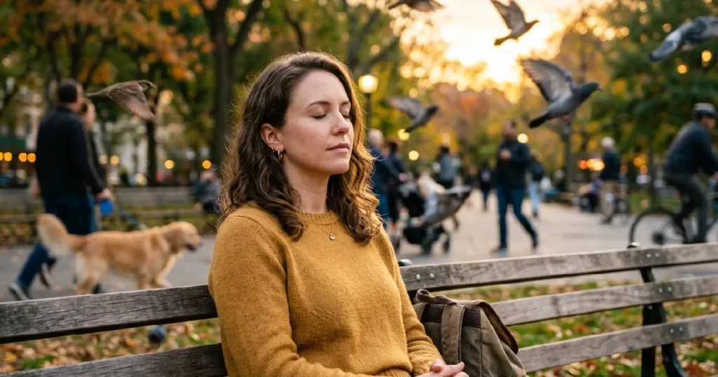 Woman sitting on park bench
