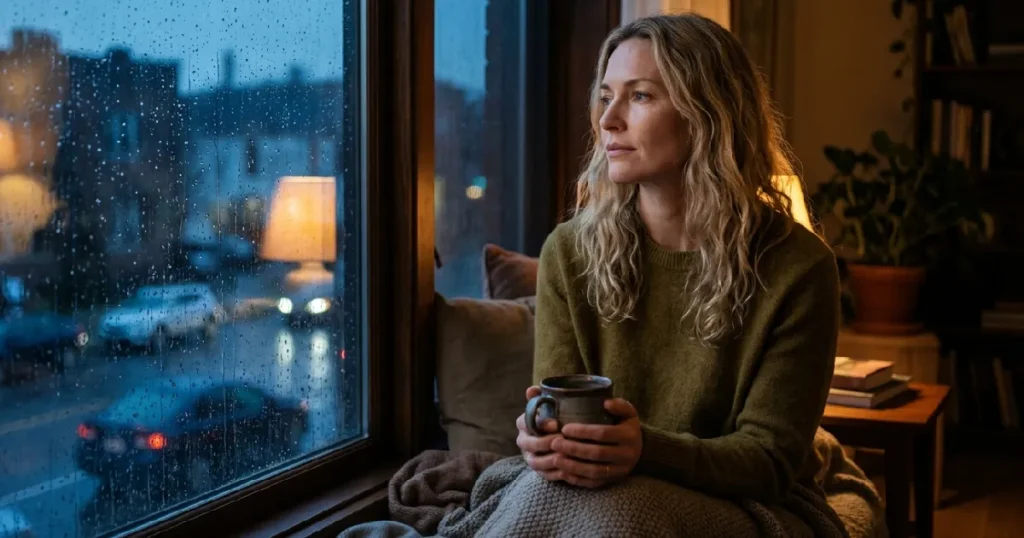 Woman sitting window seat dusk
