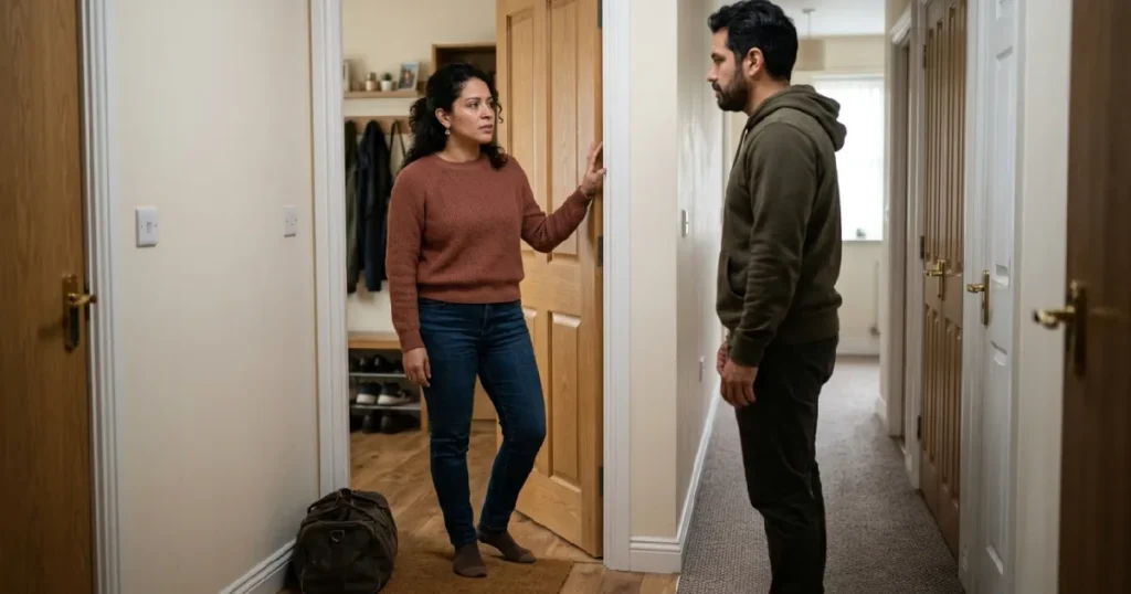 Woman standing in doorway speaking