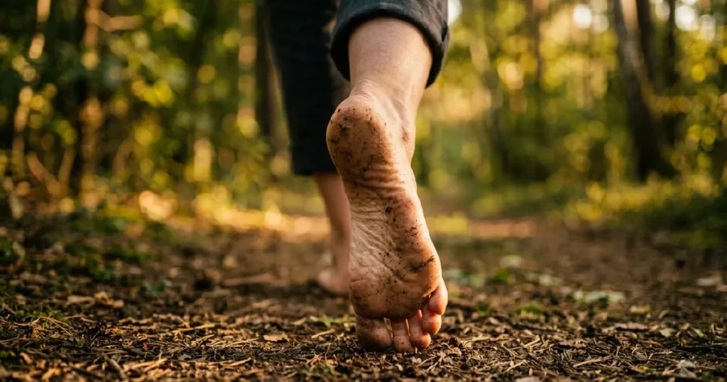 Woman walking barefoot forest path