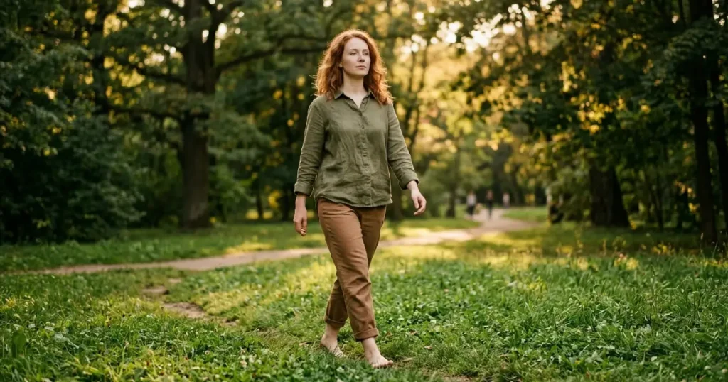 Woman walking barefoot on grass