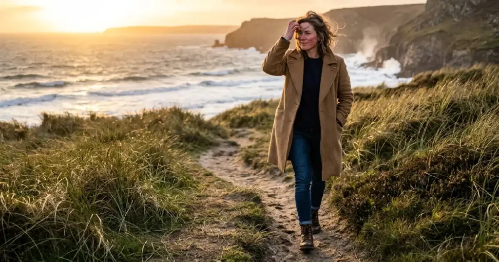 Woman walking coastal path horizon