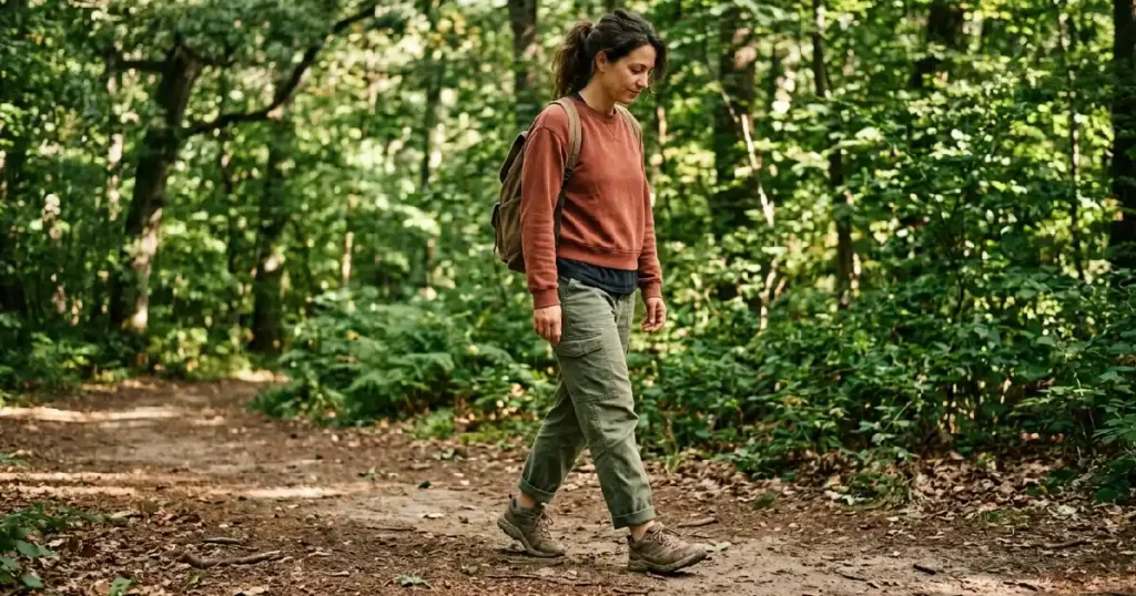 Woman walking on forest trail