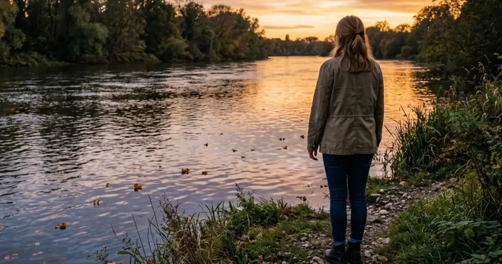 Woman watching river at sunset