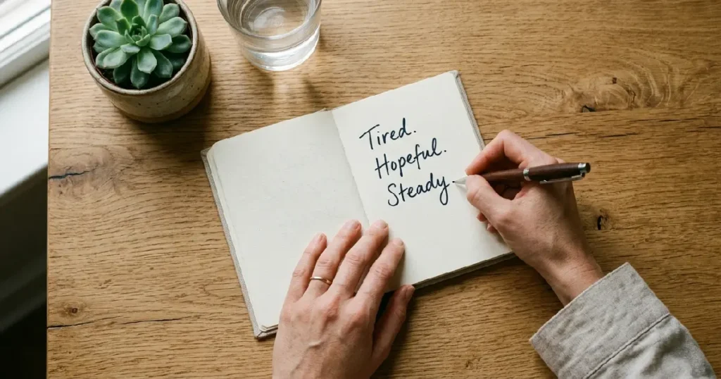 Woman's hands writing in journal