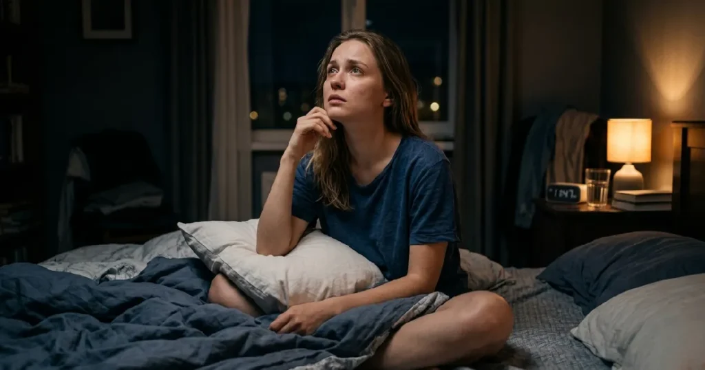 Young woman sitting on bed