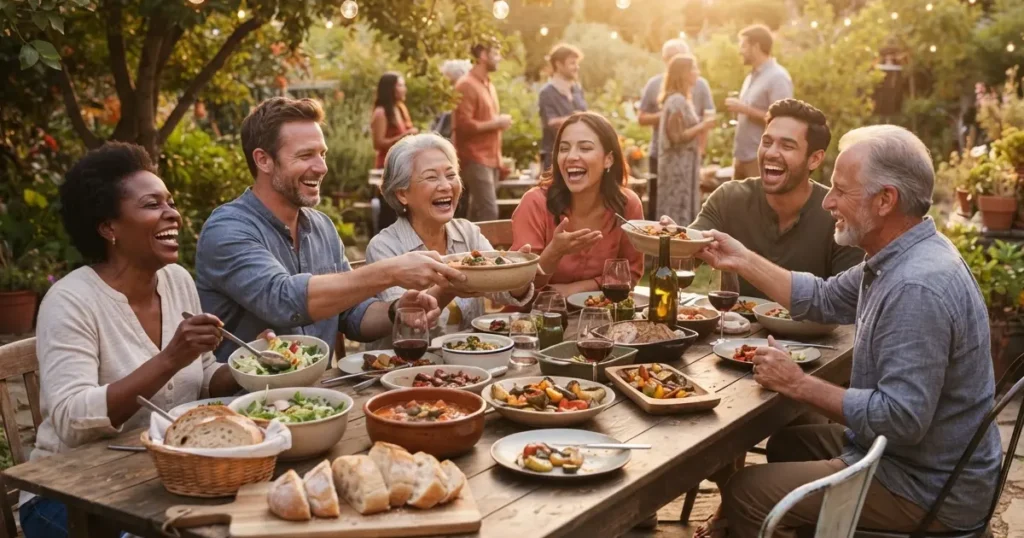 Adults sharing food at table