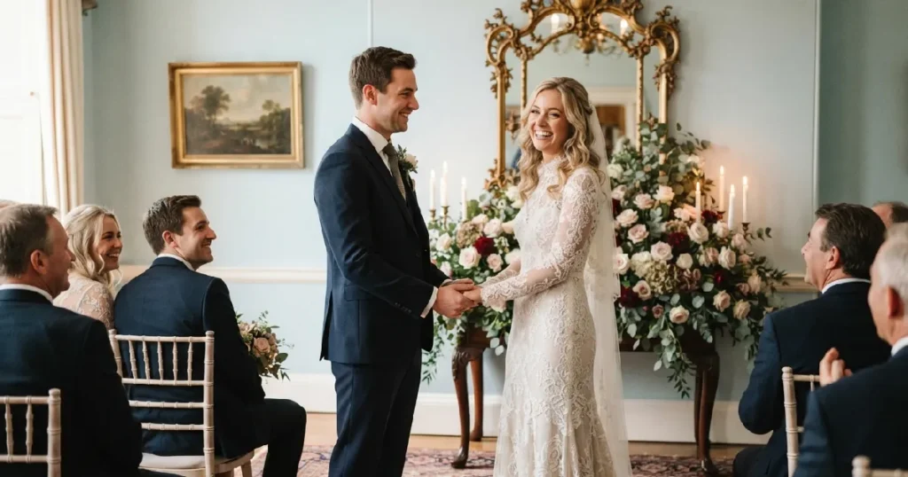 Bride and groom holding hands
