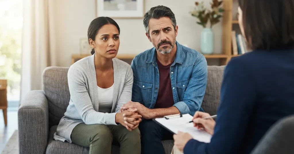 Couple consulting with therapist