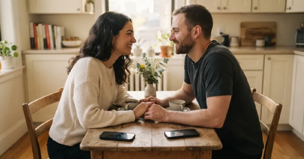 Couple holding hands kitchen table