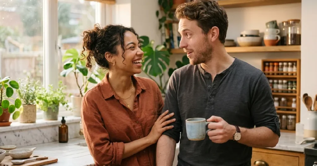 Couple laughing in kitchen