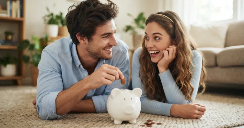 Couple saving coins in piggybank