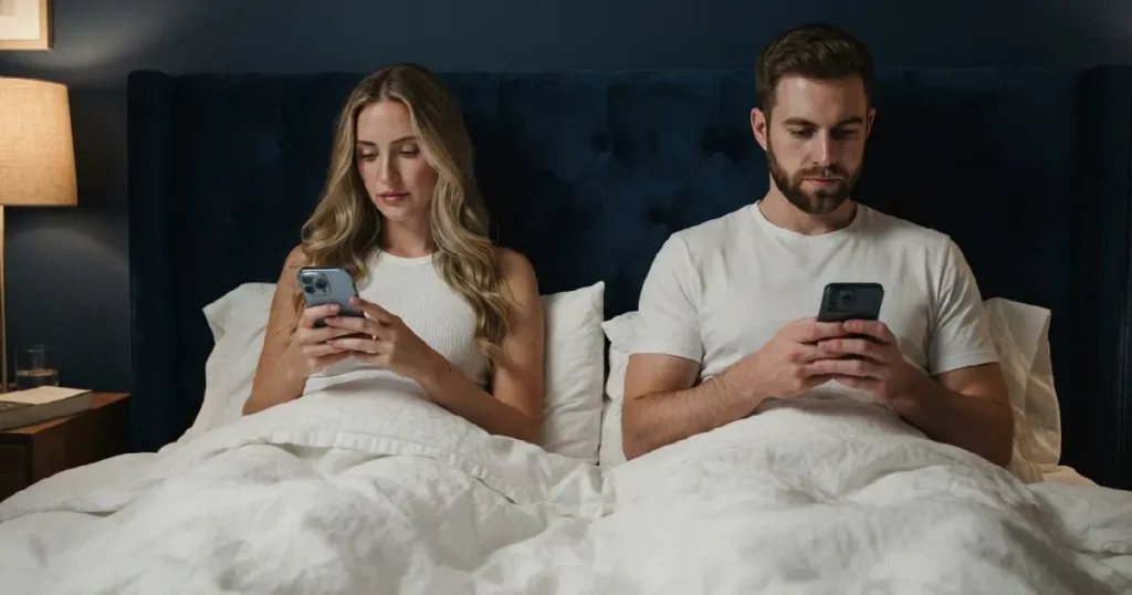 Couple using smartphones in bed
