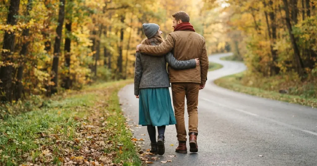 Couple walking on rural road