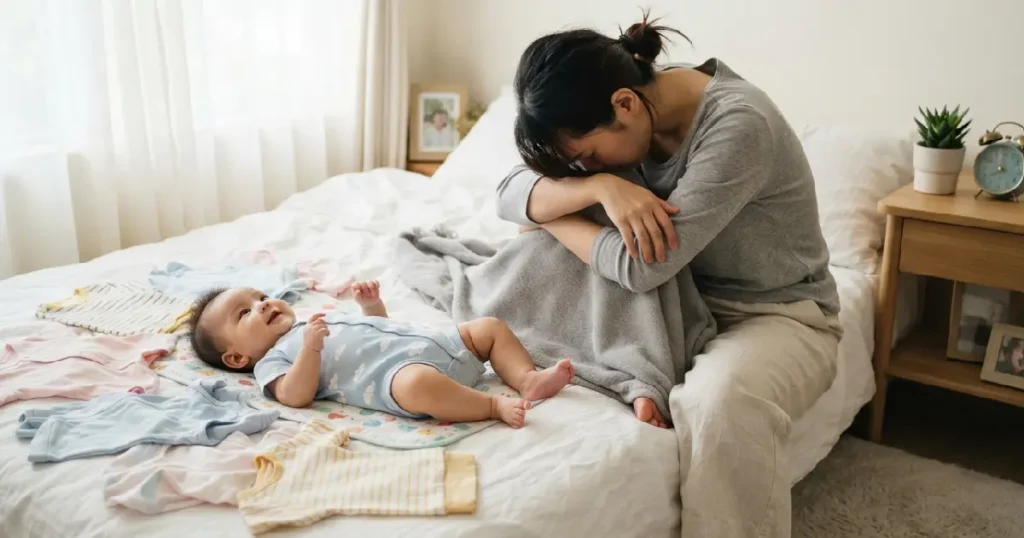 Exhausted mother sitting on bed