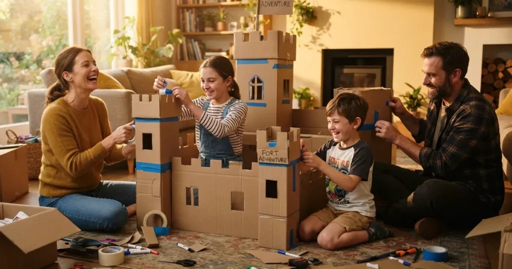 Family building cardboard fortress