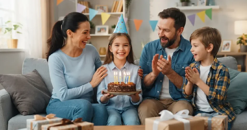 Family celebrating birthday wit daughter