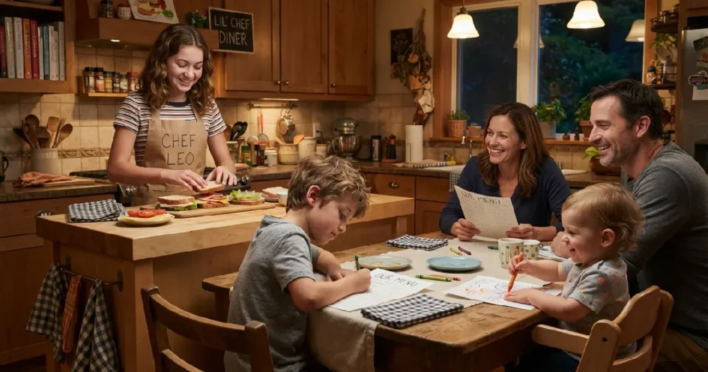 Family playing restaurant in kitchen
