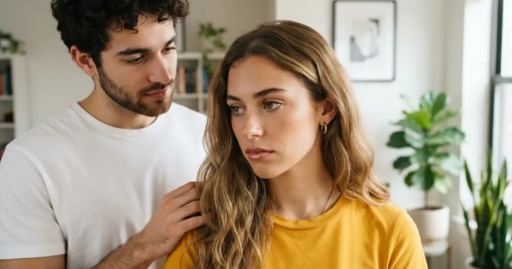 Man comforting woman indoors