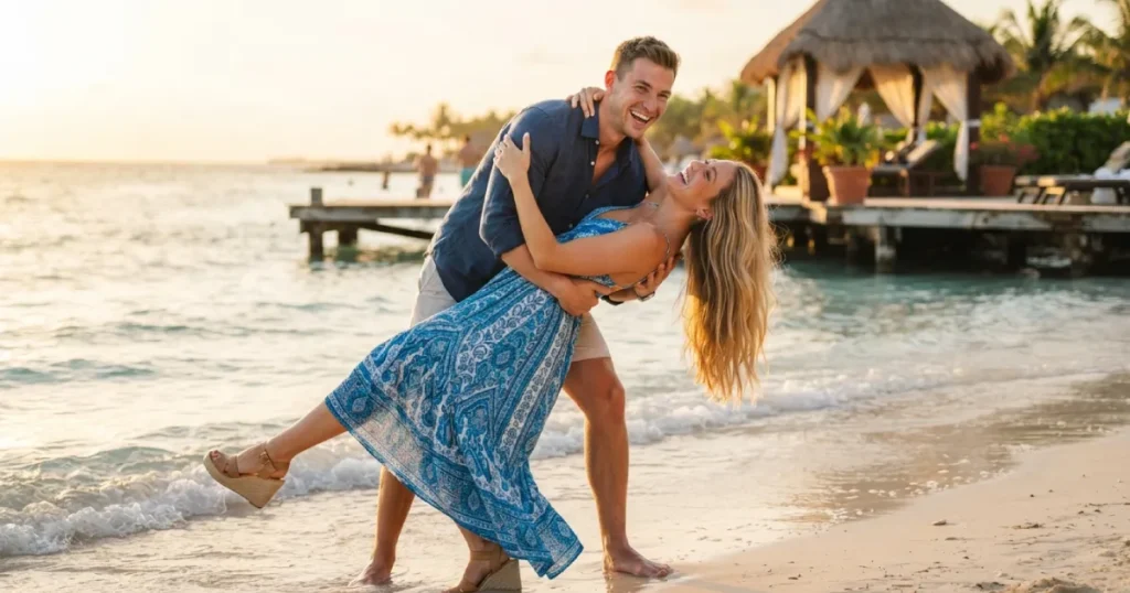 Man dipping woman on beach