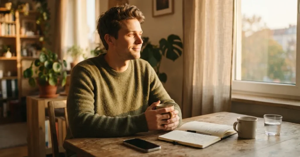 Man holding mug looking out