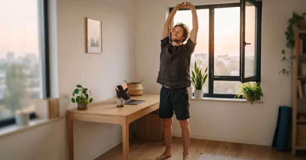 Man stretching near open window