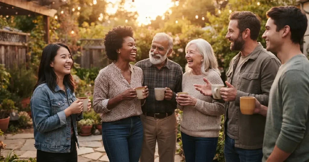 Neighbors laughing in backyard