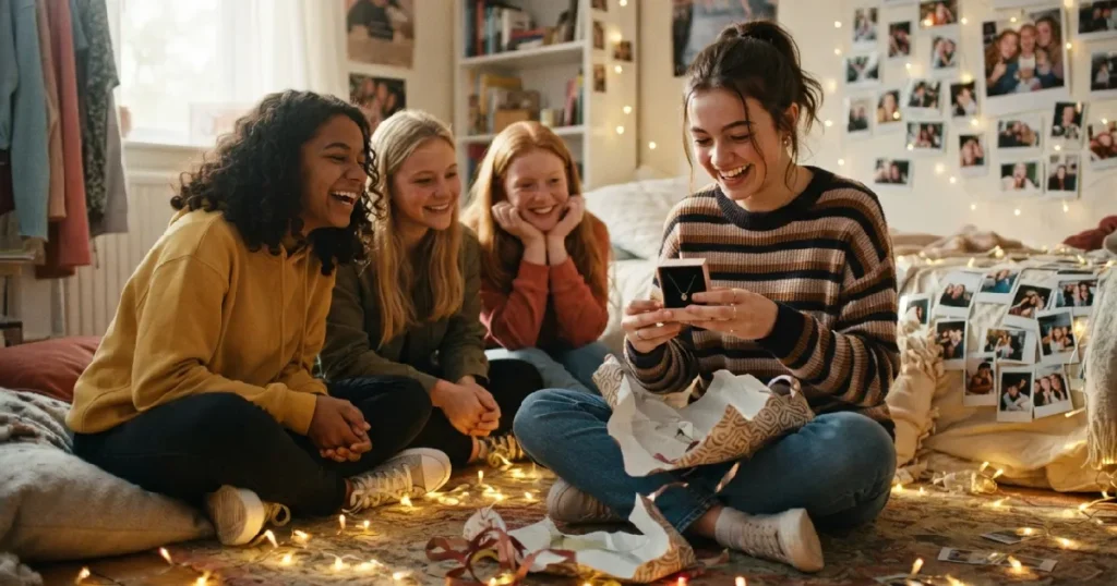 Teenage girl opening gift