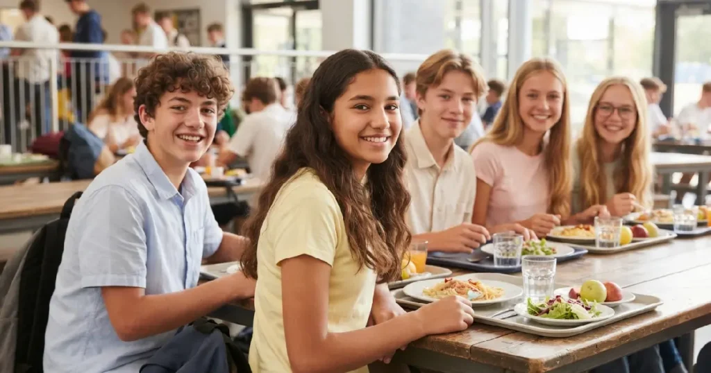 Teenagers eating lunch at school