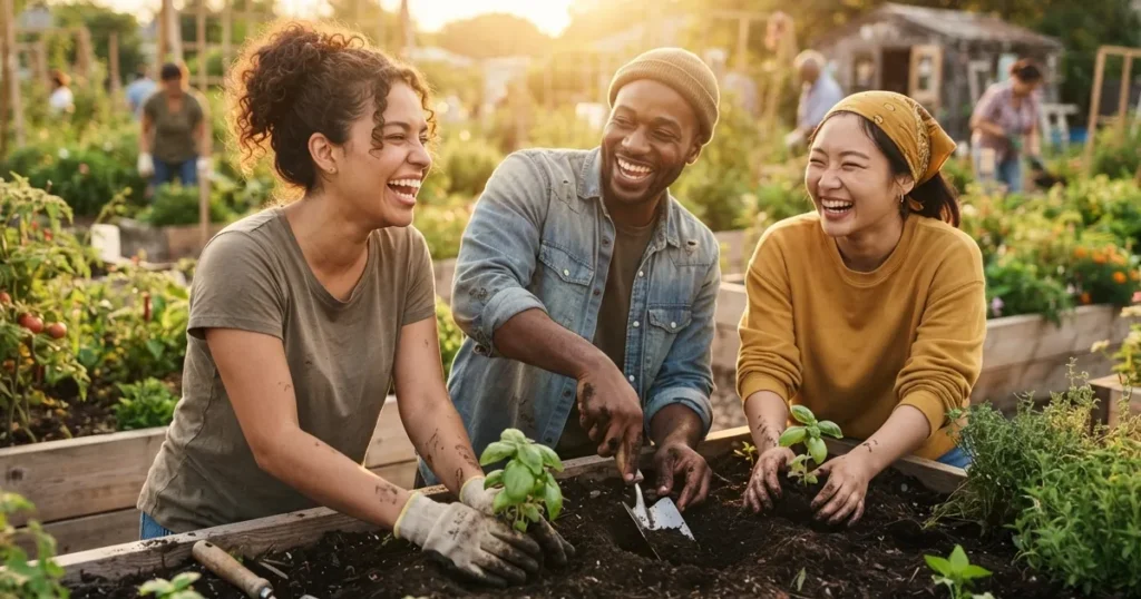 Three young adults planting garden