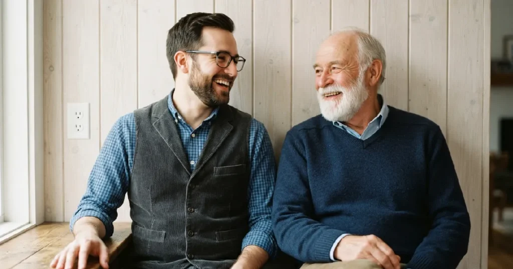 Two men smiling together
