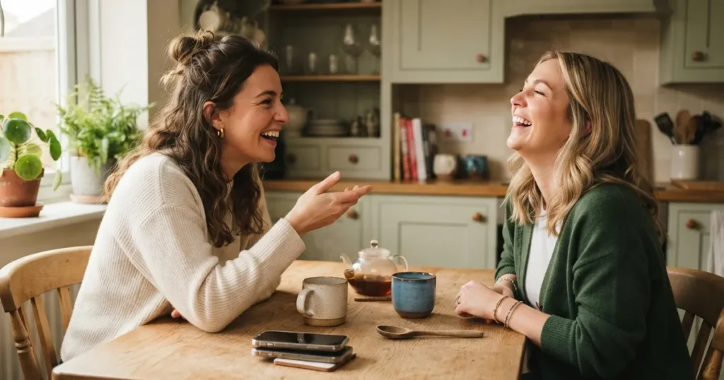 Two women laughing over tea