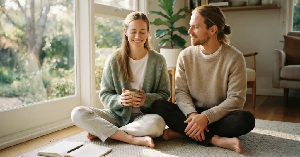 Woman and man holding mug sitting indoors