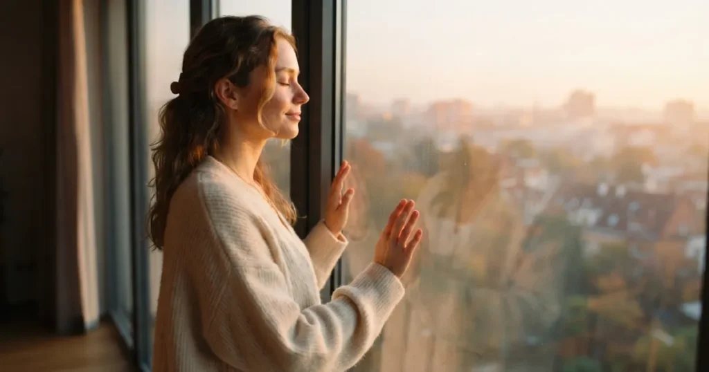 Woman at window sunrise