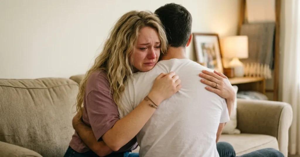 Woman embracing man from behind