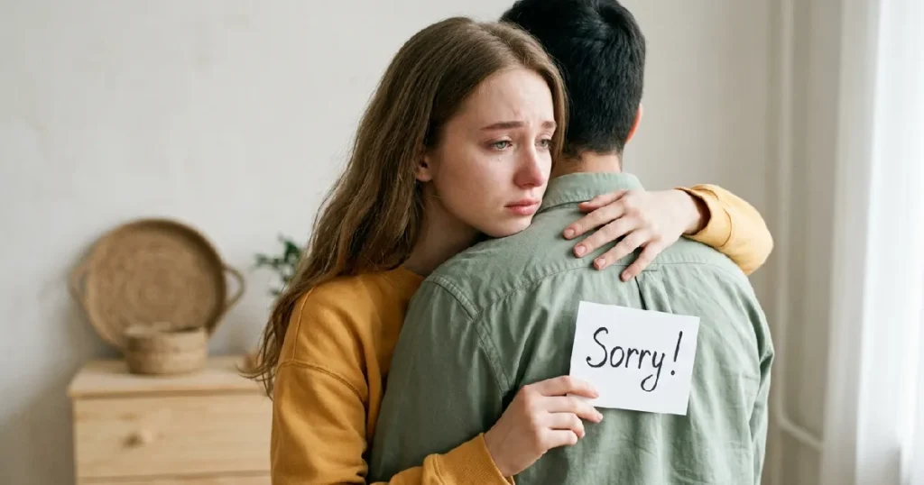 Woman embracing man with card sorry