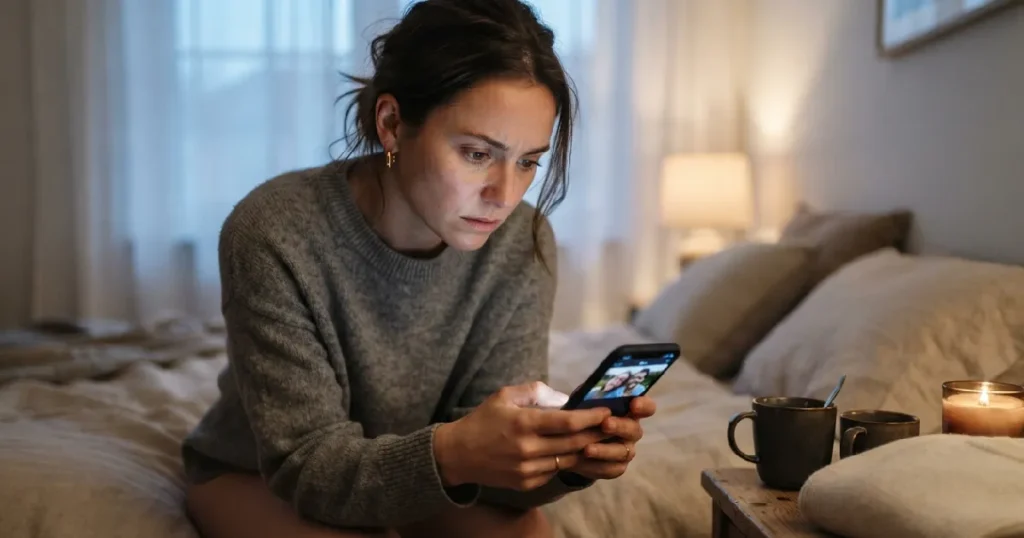 Woman hesitating to post photo